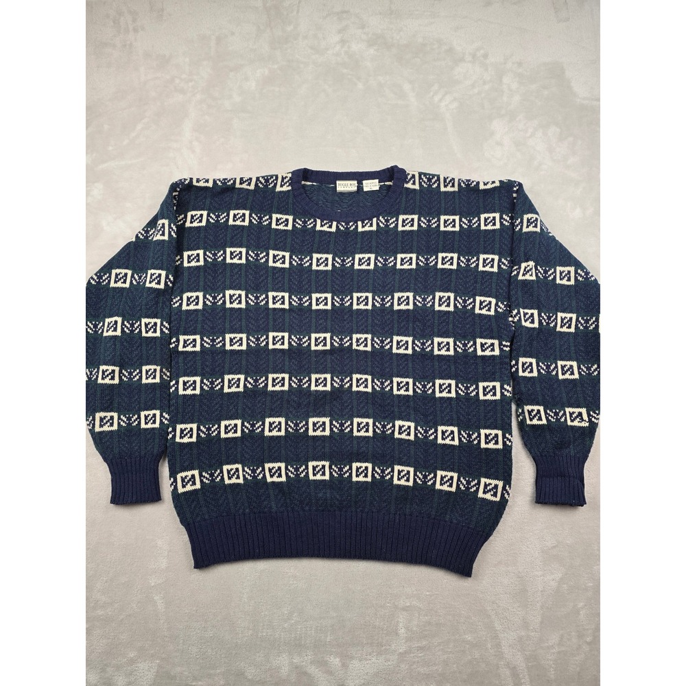 Vintage Bugle Boy‎ Sweater Mens XL Blue Green Geometric Knit *Read